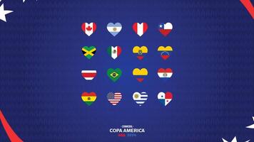 Conmebol Copa America USA 2024 Flags Heart With Official Symbol Logo Abstract Design American Football final illustration vector