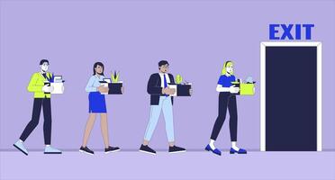 Big layoff cartoon flat illustration. Fired workers. Multiethnic employees group leaving office 2D line characters colorful background. Unemployment growth scene storytelling image vector