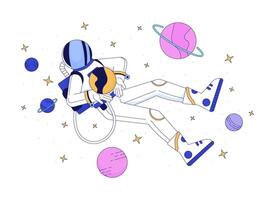 Astronaut in outer space line cartoon flat illustration. Person wearing protective costume in cosmos 2D lineart character isolated on white background. Lo fi theme scene color image vector