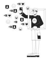 Male influencer selfie posting on social media black and white 2D illustration concept. Asian man phone cartoon outline character isolated on white. Internet personality metaphor monochrome art vector