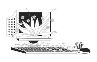 Old computer with wild plants black and white 2D illustration concept. Vintage pc with growing grass cartoon items isolated on white. Nature against technology metaphor monochrome art vector