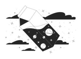 Cosmic milk in night sky black and white 2D illustration concept. Abstract dream. Lo fi vibe fantasy cartoon outline scene isolated on white. Outer space view in box metaphor monochrome art vector