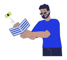 negro hombre con financiero problemas línea dibujos animados plano ilustración. estresado negro masculino participación vacío billetera 2d arte lineal personaje aislado en blanco antecedentes. desempleo escena color imagen vector