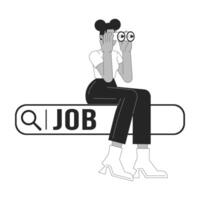 Looking for job black and white 2D illustration concept. African american woman with binoculars on search bar cartoon outline character isolated on white. Unemployment metaphor monochrome art vector