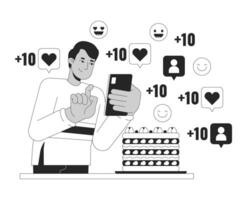 Food influencer man black and white 2D illustration concept. Indian male taking picture of cake on phone cartoon outline character isolated on white. Social media viral metaphor monochrome art vector