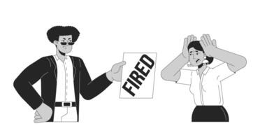 Getting fired black and white cartoon flat illustration. Losing job. Hispanic male boss dismissing hindu woman 2D lineart characters isolated. Unemployment monochrome scene outline image vector