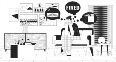 Stuck at home black and white line illustration. Fired european male suffering from financial problems 2D character monochrome background. Unemployment crisis outline scene image vector