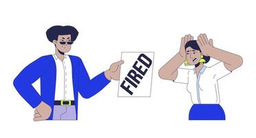 Getting fired line cartoon flat illustration. Losing job. Hispanic male boss dismissing hindu woman 2D lineart characters isolated on white background. Unemployment scene color image vector