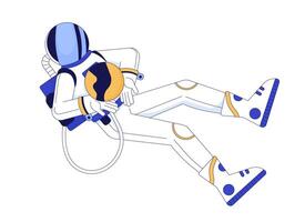 Astronaut holding planet 2D linear cartoon character. Cosmos explorer in protective suit isolated line person white background. Researching deep space color flat spot illustration vector