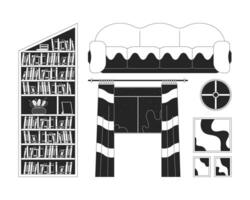Lofi house interior design black and white 2D line cartoon objects set. Vintage furniture for home isolated outline items collection. Retro vibe monochromatic flat spot illustration collection vector