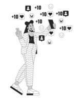Influencer selfie girl surrounded by likes follows black and white 2D illustration concept. Latina posing with phone cartoon outline character isolated on white. Popularity metaphor monochrome vector
