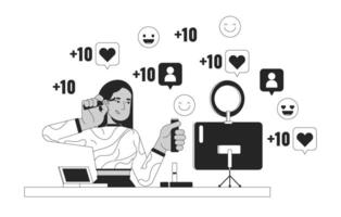 Makeup artist influencer black and white 2D illustration concept. Middle eastern female visagiste applying make cartoon outline character isolated on white. Social media metaphor monochrome art vector