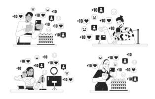 Influencer marketing black and white 2D illustration concept set. bloggers diverse cartoon outline characters isolated on white. Social media popularity metaphor monochrome art collection vector