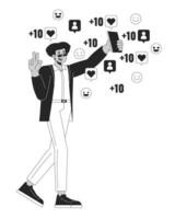 Influencer man with phone followers likes black and white 2D illustration concept. Hispanic male internet celebrity cartoon outline character isolated on white. Popularity metaphor monochrome vector