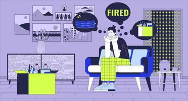 Stuck at home cartoon flat illustration. Fired european male suffering from financial problems 2D line character colorful background. Unemployment crisis scene storytelling image vector