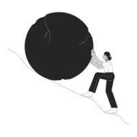 Working hard for result black and white cartoon flat illustration. Hindu woman pushing stone up mountain slope 2D lineart character isolated. Unemployment problem monochrome scene outline image vector