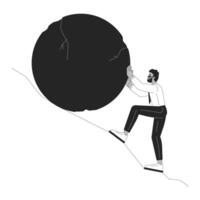 Crushing reality black and white cartoon flat illustration. African american man pushing rock uphill 2D lineart character isolated. Fighting unemployment monochrome scene outline image vector