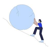 Working hard for result line cartoon flat illustration. Hindu woman pushing stone up mountain slope 2D lineart character isolated on white background. Unemployment problem scene color image vector