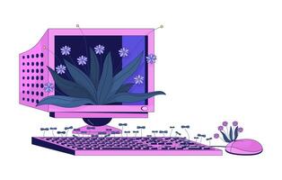 Old computer with wild plants 2D linear illustration concept. Vintage pc with growing grass cartoon items isolated on white. Nature against technology metaphor abstract flat outline graphic vector