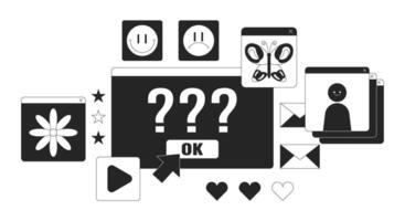 Web page error black and white 2D illustration concept. Vintage computer software. Internet problem cartoon outline scene isolated on white. Lofi aesthetic of technology metaphor monochrome art vector
