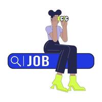 Looking for job 2D linear illustration concept. African american woman with binoculars on search bar cartoon character isolated on white. Unemployment metaphor abstract flat outline graphic vector