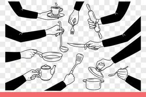 Crockery and cutlery in hands people using pots and kettle or fork with knife. Hand drawn doodle vector