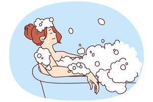 Carefree woman relaxes lying in bath with foam and warm water after hard day at work or long walk vector