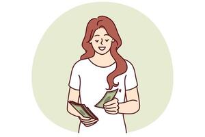 Woman counts money earned in business or received from dividend investments with good profit vector