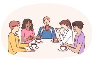 Group of multiethnic colleagues drink coffee sitting at table during break and laugh vector