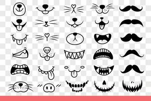 Animal faces with mouths showing different emotions and mustaches various shapes. Hand drawn doodle vector
