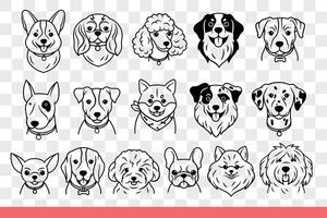Faces of dogs of different breeds look at screen with positive emotions. Hand drawn doodle vector