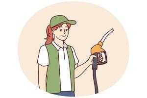 Woman serving customers at refueling station holding nozzles for refilling oil tank vector