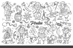 Pirates and robbers sailing on ships along with weapons and looted treasures. Hand drawn doodle vector