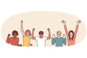 Delighted diverse people making victory gestures with hands enjoying joint success vector