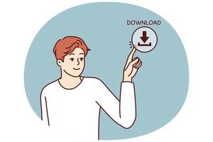 Young man presses download button on screen for concept of web content consumption and network use vector
