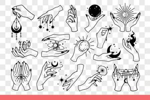 Items for occult rituals in hands of witches, who use esoteric practices. Hand drawn doodle vector