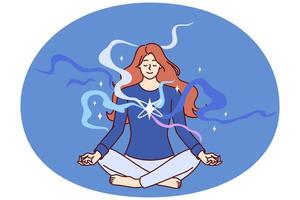 mujer meditando con cerrado ojos sentado con las piernas cruzadas en piso y haciendo yoga loto actitud vector