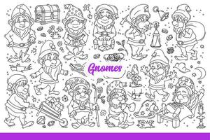 Funny gnomes from fairy-tale universe resting or mining for precious stones. Hand drawn doodle vector