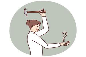 Woman swinging hammer at question mark showing courage in solving problems and fighting ignorance vector