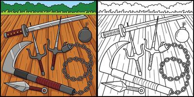 Ninja Weapons Coloring Page Colored Illustration vector