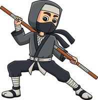 Ninja Holding a Staff Cartoon Colored Clipart vector