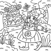 Gnome with Birthday Cake Coloring Page for Kids vector