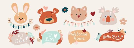 A bohemian baby set, a gender neutral children's set with cute animals, a pow bubble with text, Hello baby, it's a boy. A set of illustrations of warm earthy flowers in Boho style vector
