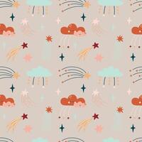 Cute bohemian baby seamless pattern with clouds, stars, rainbows. Cute pattern in boho style in warm pastel colors. Set of illustrations for the children's room, postcards, baby parties vector