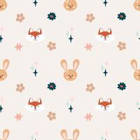 Cute bohemian baby seamless pattern with cute fox, rabbit in boho style in warm pastel colors. Set of illustrations for the children's room, postcards, baby parties vector