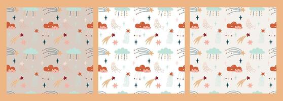 Cute set Bohemian seamless patterns with sun, rainbow, heart, clouds. Boho print for fabrics, pajamas, postcard template, Bohemian nursery posters. vector