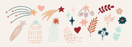 Bohemian baby set, gender neutral children's set with cute elements, clouds, flowers, twigs, stars, hearts. A set of illustrations of warm earthy flowers in boho style vector