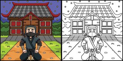 Ninja Kneeling In Front Ninja House Illustration vector