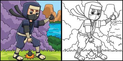 Ninja with a Smoke Bomb Coloring Page Illustration vector