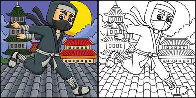 Ninja Running Coloring Page Colored Illustration vector